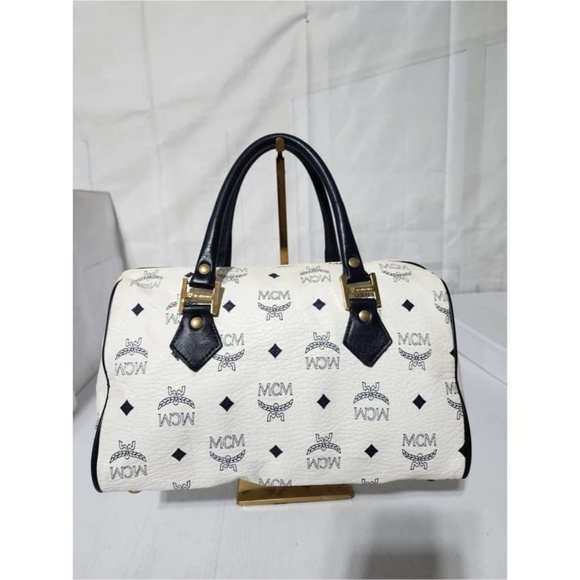 Authentic MCM Vintage Coated Canvas visetos Handle Bag Navy Blue/White - Picture 4 of 14